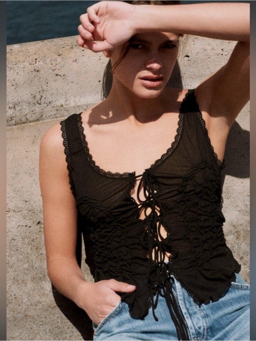 Zara Black Tied Ruched Top